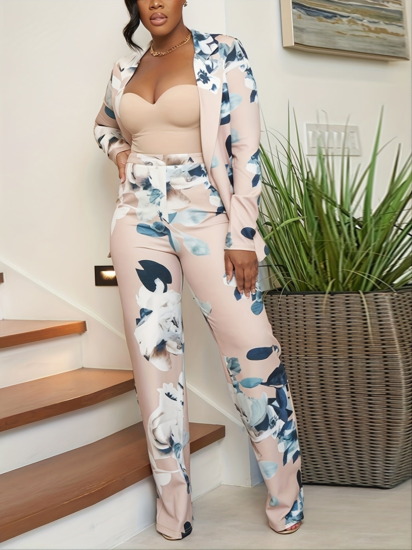 Casual Floral Print Pantsuits Two-piece Set, Lace Up Belt Blazer & Long Pants Set, Women's Clothing