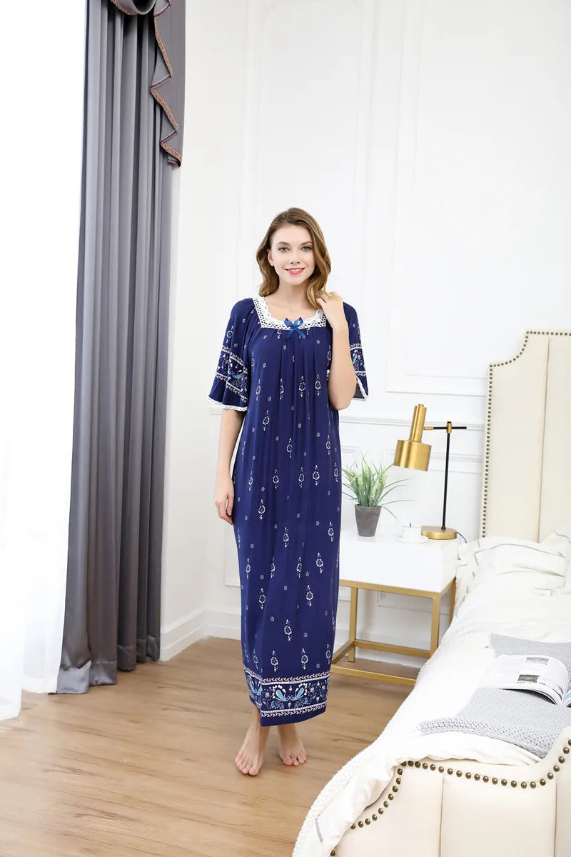 Casual Ladies Long Nightshirt Plus Size Loose Nightgown Women Holiday Print Dress Women Summer Short Sleeve Cotton Nightdress