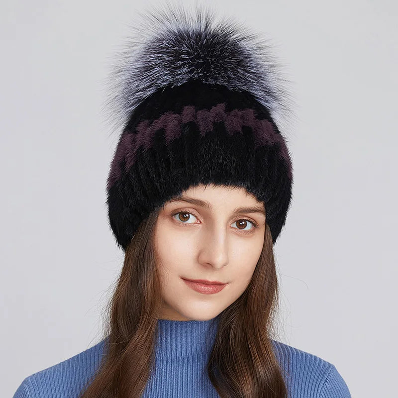 Wholesale Women Real Mink Fur Hats for Winter Knit Lined Hats With Silver Fox Fur Pom Poms Warm Knitted Beanies Cap Fur Ski Hat