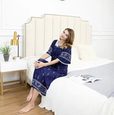Casual Ladies Long Nightshirt Plus Size Loose Nightgown Women Holiday Print Dress Women Summer Short Sleeve Cotton Nightdress