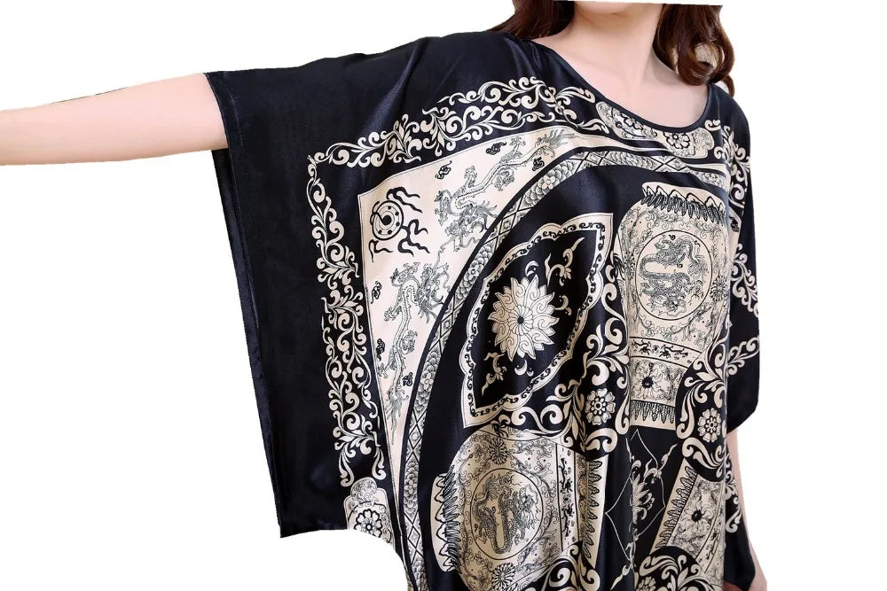 High Quality Chinese Women Silk Home Dress Robe Summer Lounge Nightshirt Short Sleeve Sleepwear Nightgown Plus Size 6XL A-073
