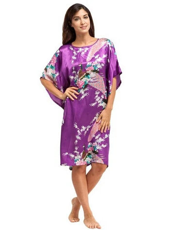 High Quality Chinese Women Silk Home Dress Robe Summer Lounge Nightshirt Short Sleeve Sleepwear Nightgown Plus Size 6XL A-073