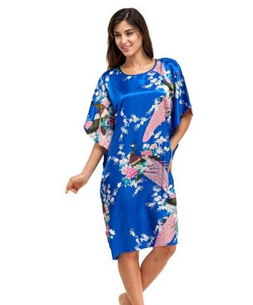 High Quality Chinese Women Silk Home Dress Robe Summer Lounge Nightshirt Short Sleeve Sleepwear Nightgown Plus Size 6XL A-073
