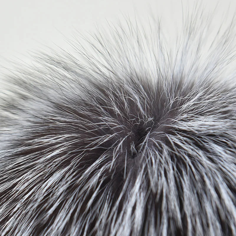 Wholesale Women Real Mink Fur Hats for Winter Knit Lined Hats With Silver Fox Fur Pom Poms Warm Knitted Beanies Cap Fur Ski Hat