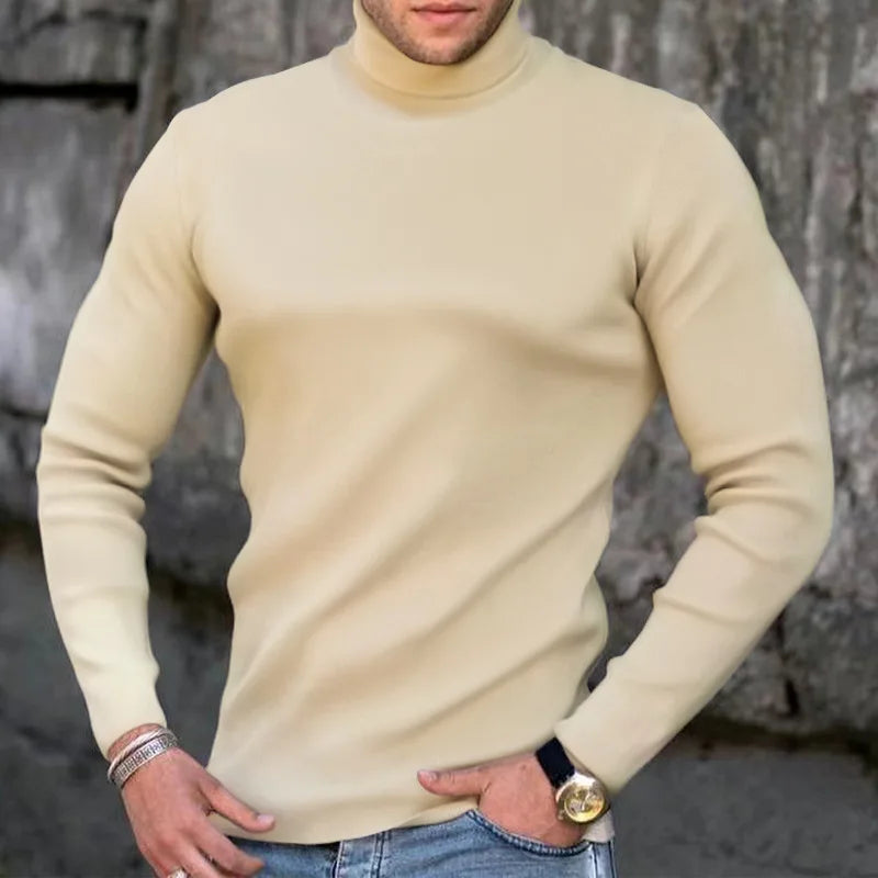 Fashion Men's Casual Slim Fit Basic Turtleneck High Collar Pullover Male Autumn Spring Thin Tops Basic Bottoming Plain T-shirt