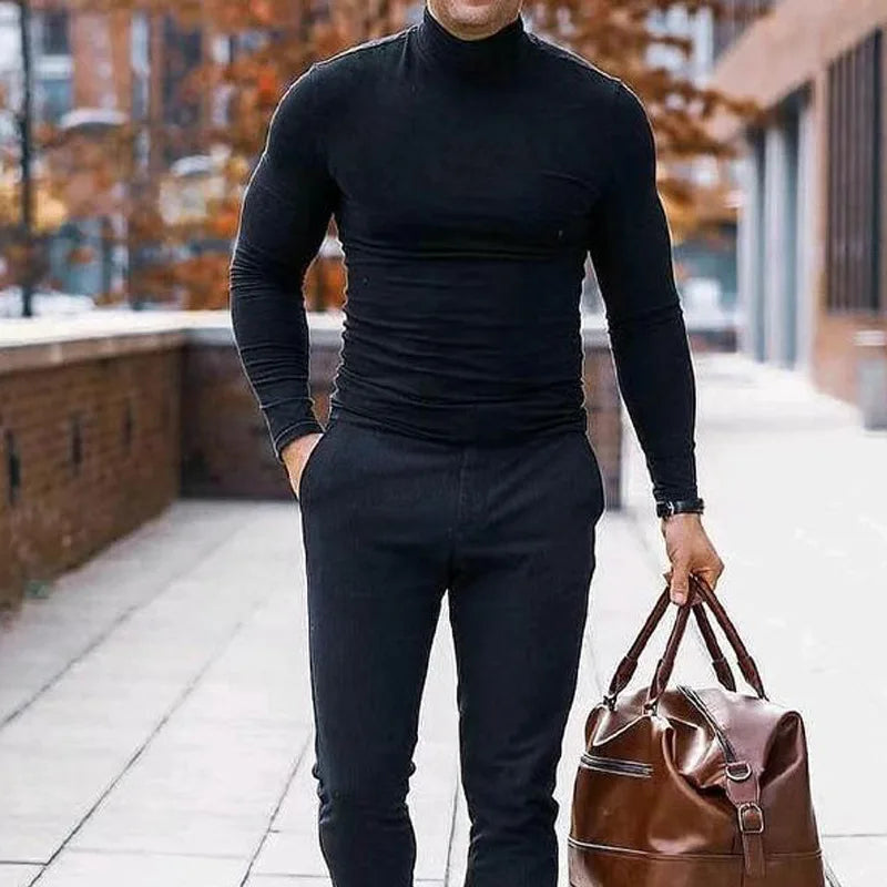 Fashion Men's Casual Slim Fit Basic Turtleneck High Collar Pullover Male Autumn Spring Thin Tops Basic Bottoming Plain T-shirt