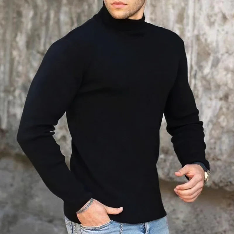 Fashion Men's Casual Slim Fit Basic Turtleneck High Collar Pullover Male Autumn Spring Thin Tops Basic Bottoming Plain T-shirt