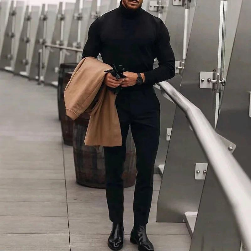 Fashion Men's Casual Slim Fit Basic Turtleneck High Collar Pullover Male Autumn Spring Thin Tops Basic Bottoming Plain T-shirt