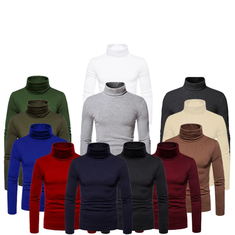 Fashion Men's Casual Slim Fit Basic Turtleneck High Collar Pullover Male Autumn Spring Thin Tops Basic Bottoming Plain T-shirt