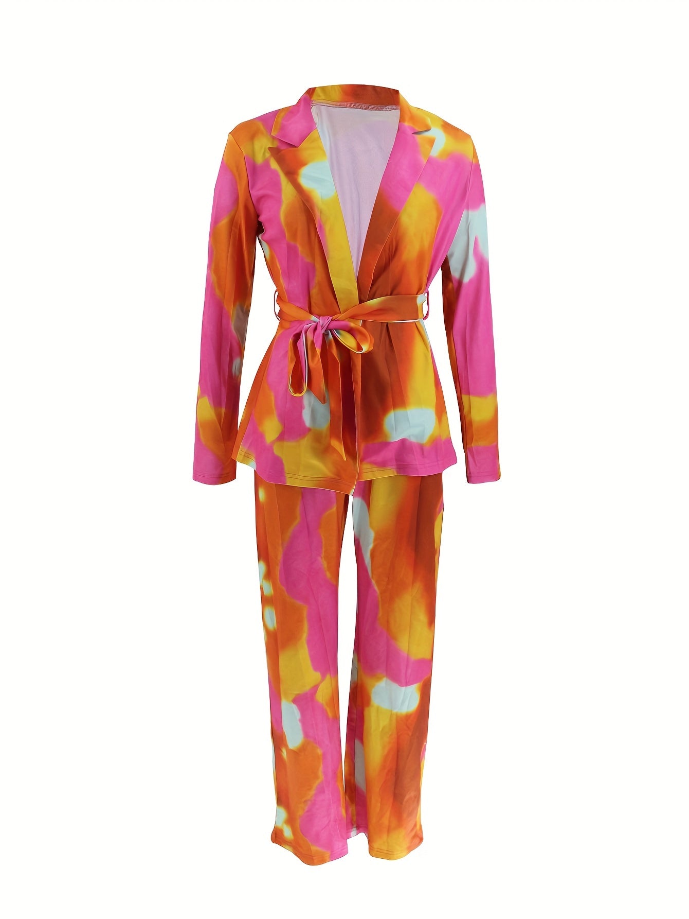 Casual Floral Print Pantsuits Two-piece Set, Lace Up Belt Blazer & Long Pants Set, Women's Clothing