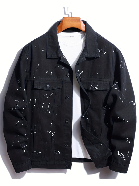 Plus Size Mens Stylish Multi-pocket Denim Jacket, "Splash" Pattern Loose Oversized Lapel Windbreaker Coat