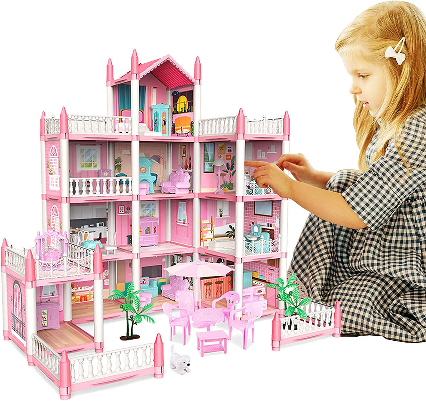 Doll set contains 11 rooms and furniture accessories. Pink children's doll house toy house DIY pretend games to build assembled toys, suitable for birthday gifts of girls aged 5, 6, 7, 8 and 9.