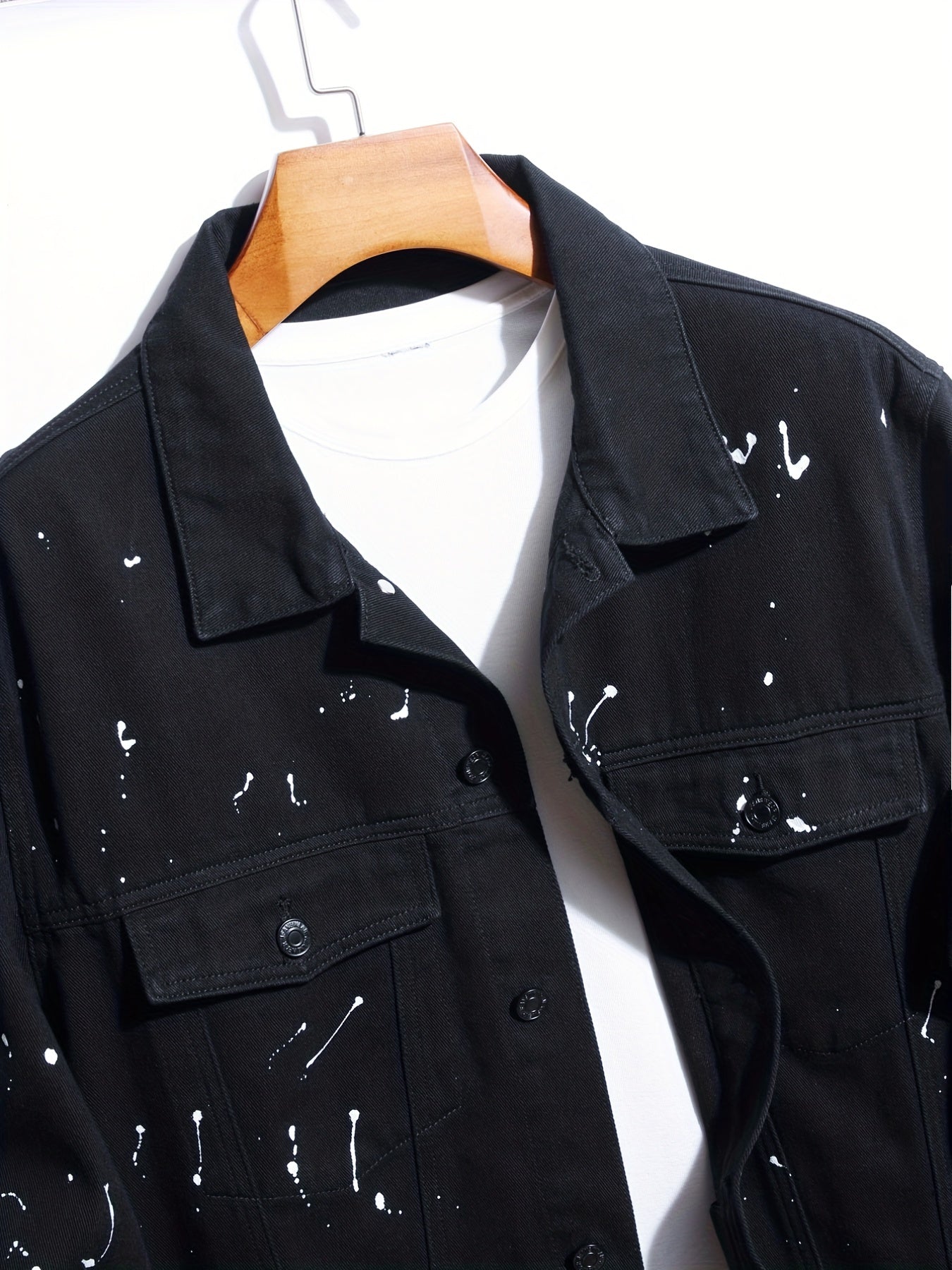 Plus Size Mens Stylish Multi-pocket Denim Jacket, "Splash" Pattern Loose Oversized Lapel Windbreaker Coat