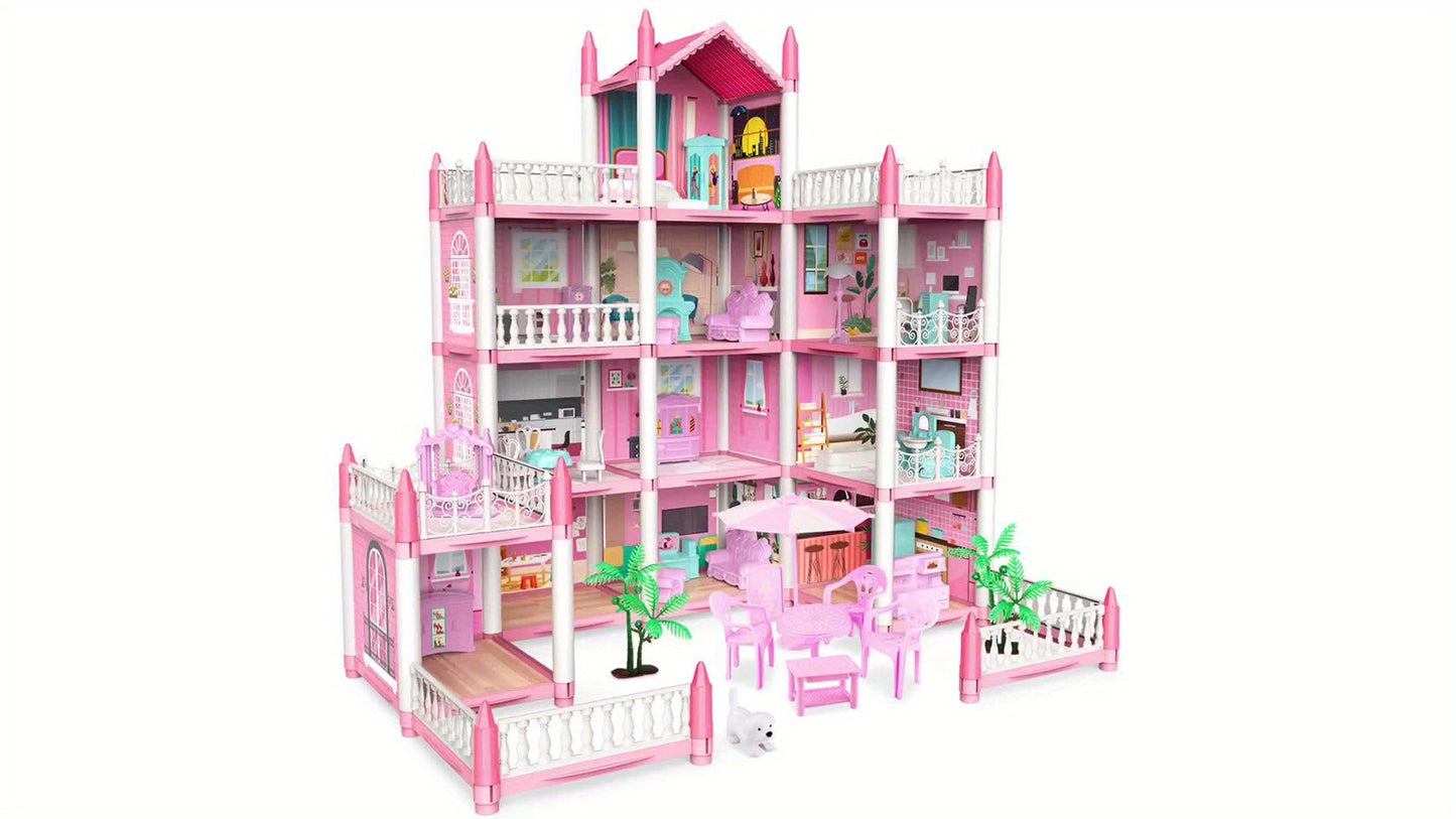 Doll set contains 11 rooms and furniture accessories. Pink children's doll house toy house DIY pretend games to build assembled toys, suitable for birthday gifts of girls aged 5, 6, 7, 8 and 9.