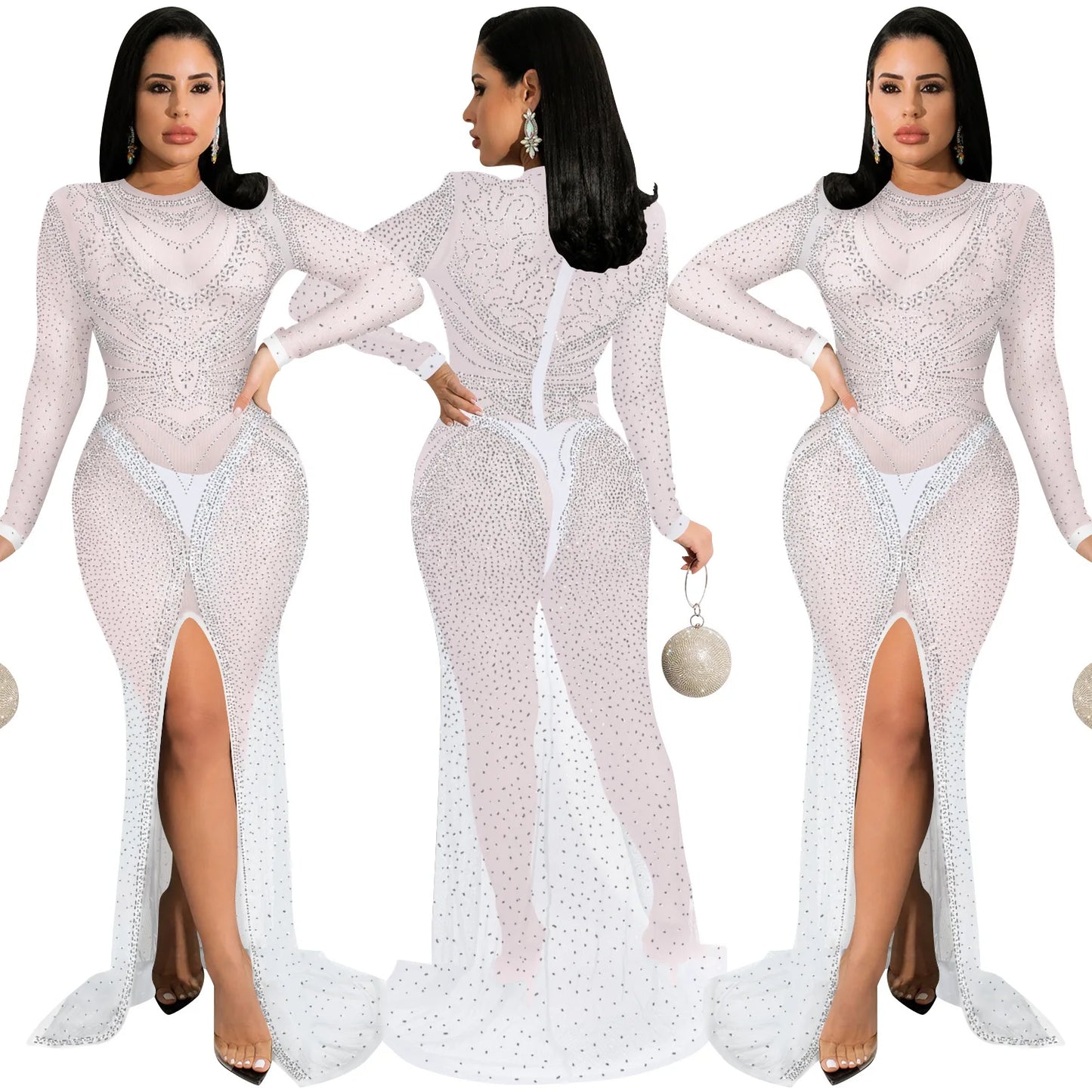 2025 New Arrivals Women Fashion Sexy Nightclub Evening Mesh Sheer Long Sleeve Slit Diamond Ladies Long Party Casual Dress