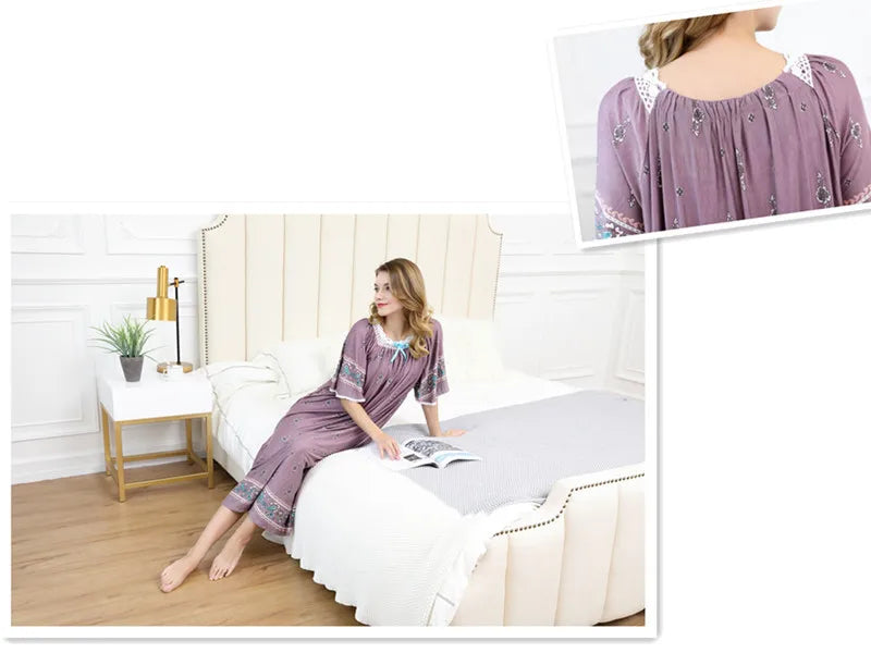 Casual Ladies Long Nightshirt Plus Size Loose Nightgown Women Holiday Print Dress Women Summer Short Sleeve Cotton Nightdress