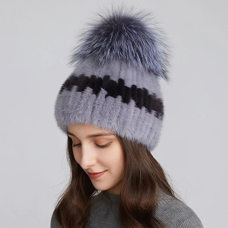 Wholesale Women Real Mink Fur Hats for Winter Knit Lined Hats With Silver Fox Fur Pom Poms Warm Knitted Beanies Cap Fur Ski Hat