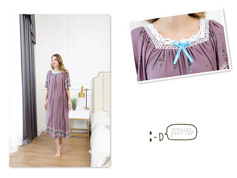 Casual Ladies Long Nightshirt Plus Size Loose Nightgown Women Holiday Print Dress Women Summer Short Sleeve Cotton Nightdress