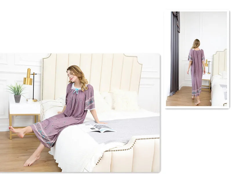 Casual Ladies Long Nightshirt Plus Size Loose Nightgown Women Holiday Print Dress Women Summer Short Sleeve Cotton Nightdress