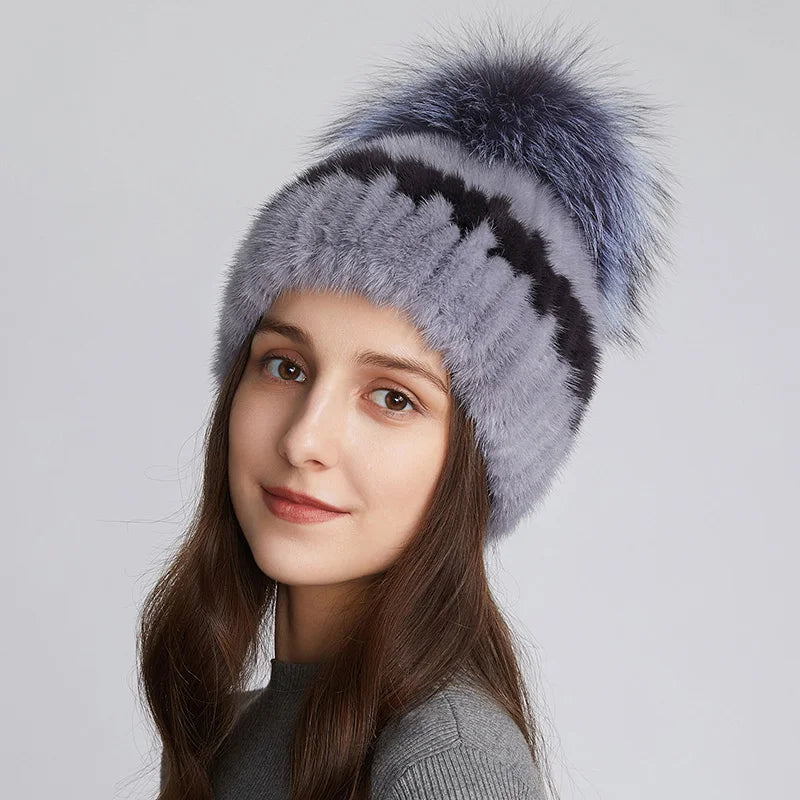 Wholesale Women Real Mink Fur Hats for Winter Knit Lined Hats With Silver Fox Fur Pom Poms Warm Knitted Beanies Cap Fur Ski Hat