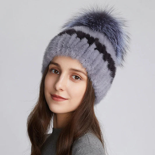 Wholesale Women Real Mink Fur Hats for Winter Knit Lined Hats With Silver Fox Fur Pom Poms Warm Knitted Beanies Cap Fur Ski Hat