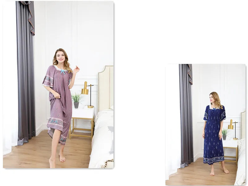 Casual Ladies Long Nightshirt Plus Size Loose Nightgown Women Holiday Print Dress Women Summer Short Sleeve Cotton Nightdress
