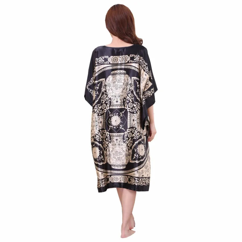 High Quality Chinese Women Silk Home Dress Robe Summer Lounge Nightshirt Short Sleeve Sleepwear Nightgown Plus Size 6XL A-073