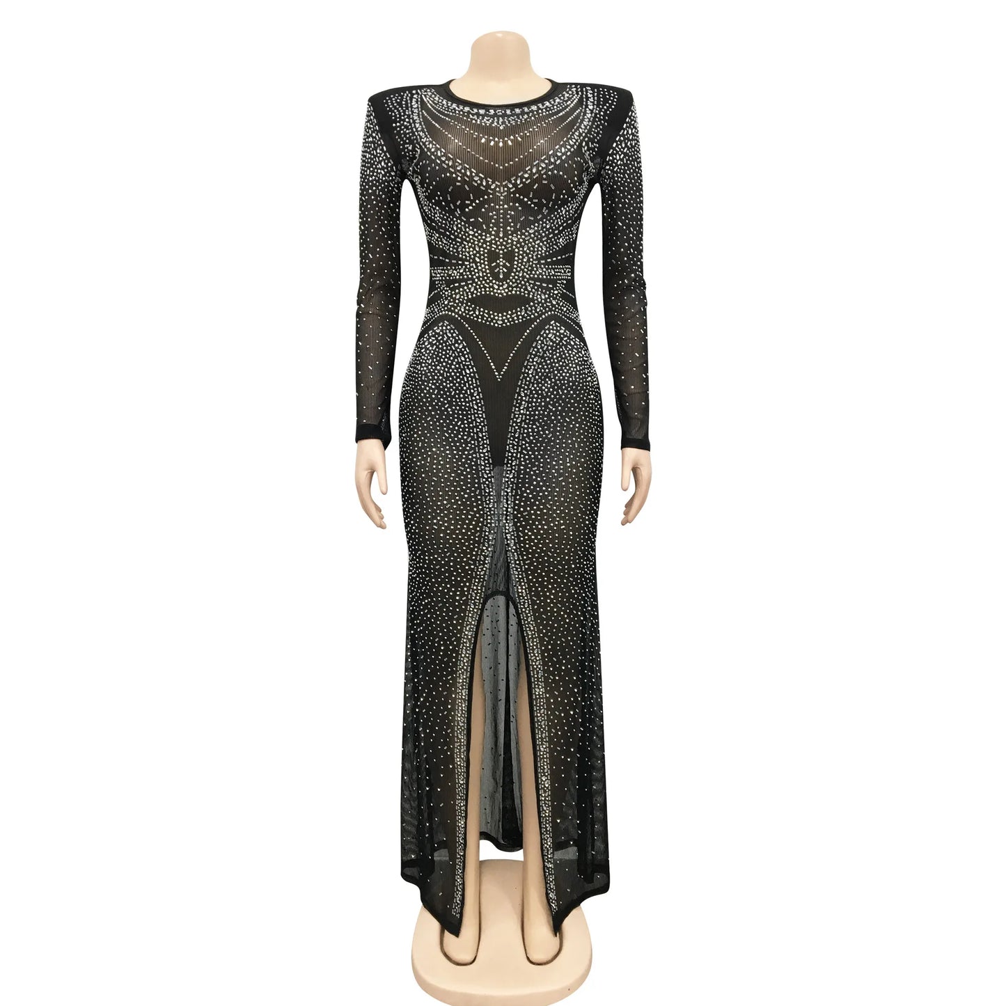 2025 New Arrivals Women Fashion Sexy Nightclub Evening Mesh Sheer Long Sleeve Slit Diamond Ladies Long Party Casual Dress