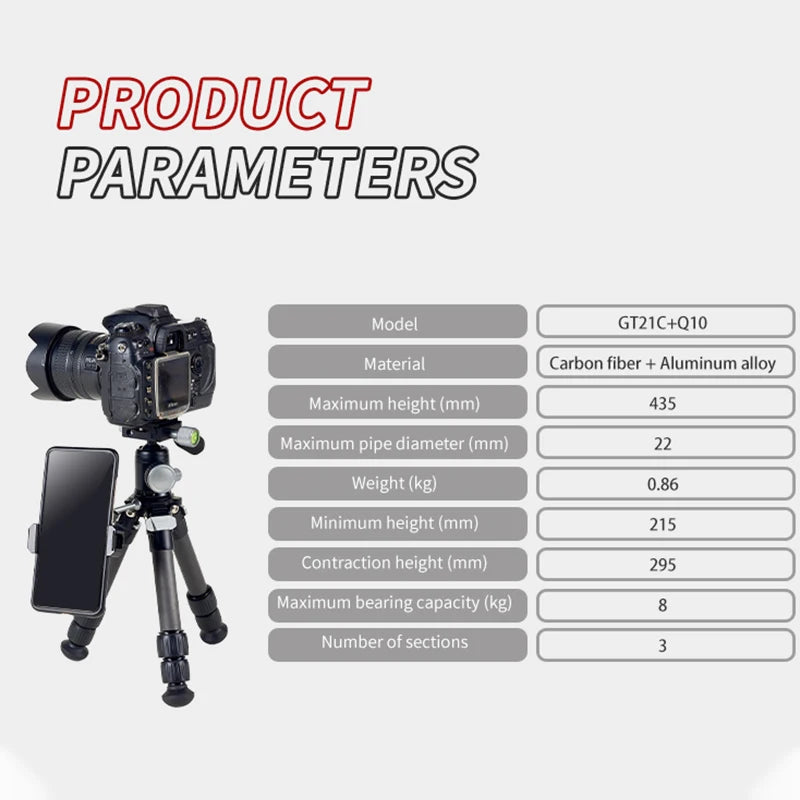 Dmiditir Lightweight Carbon Fiber Mini Tripod 360° Pan & Foldable for Video Camera Webcam-GT21C+Q10 Hunting & Camera Accessories
