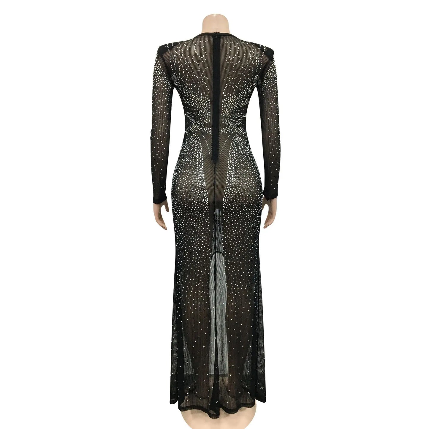 2025 New Arrivals Women Fashion Sexy Nightclub Evening Mesh Sheer Long Sleeve Slit Diamond Ladies Long Party Casual Dress