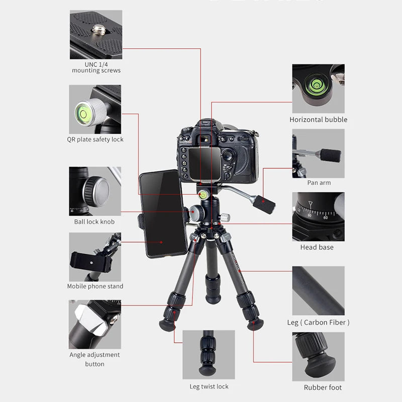 Dmiditir Lightweight Carbon Fiber Mini Tripod 360° Pan & Foldable for Video Camera Webcam-GT21C+Q10 Hunting & Camera Accessories
