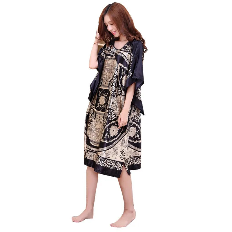 High Quality Chinese Women Silk Home Dress Robe Summer Lounge Nightshirt Short Sleeve Sleepwear Nightgown Plus Size 6XL A-073