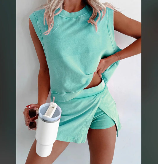 Solid Color Fashion Casual Suit for Women 2025 Summer New Item Pure Cotton Short Sleeved T-shirt Two-pieces Set