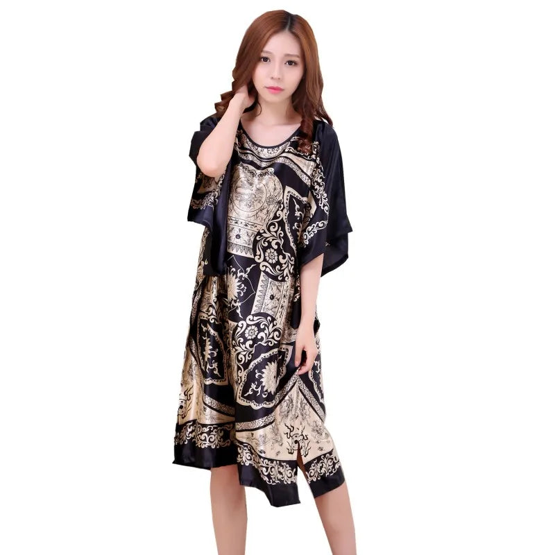 High Quality Chinese Women Silk Home Dress Robe Summer Lounge Nightshirt Short Sleeve Sleepwear Nightgown Plus Size 6XL A-073
