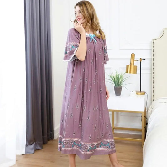 Casual Ladies Long Nightshirt Plus Size Loose Nightgown Women Holiday Print Dress Women Summer Short Sleeve Cotton Nightdress