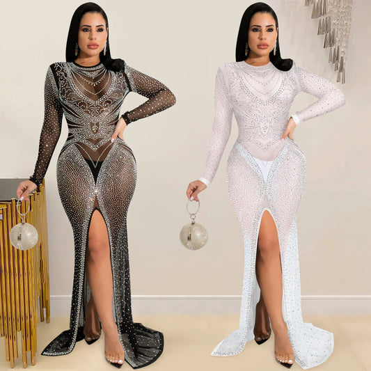 2025 New Arrivals Women Fashion Sexy Nightclub Evening Mesh Sheer Long Sleeve Slit Diamond Ladies Long Party Casual Dress