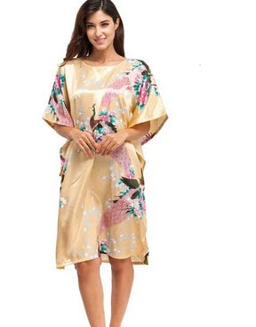 High Quality Chinese Women Silk Home Dress Robe Summer Lounge Nightshirt Short Sleeve Sleepwear Nightgown Plus Size 6XL A-073