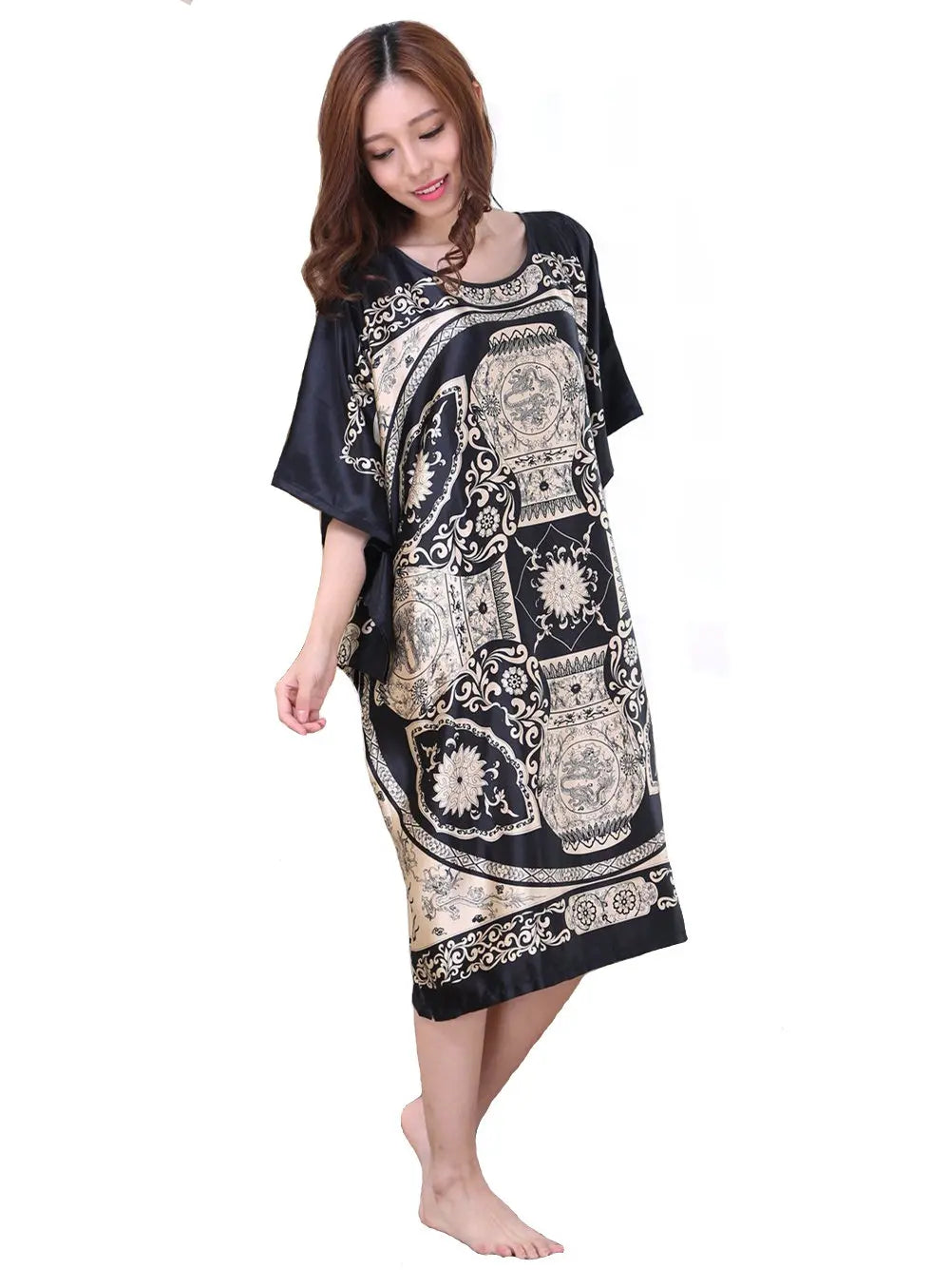 High Quality Chinese Women Silk Home Dress Robe Summer Lounge Nightshirt Short Sleeve Sleepwear Nightgown Plus Size 6XL A-073