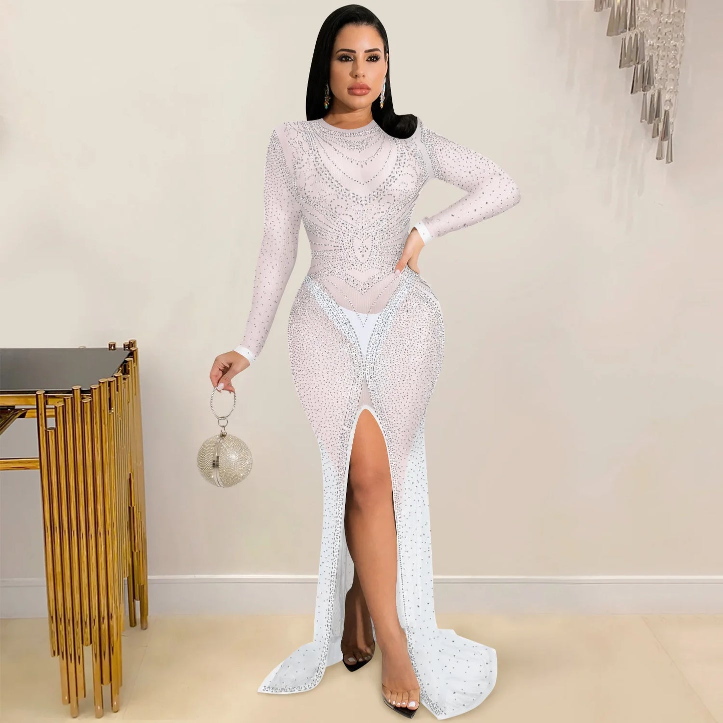 2025 New Arrivals Women Fashion Sexy Nightclub Evening Mesh Sheer Long Sleeve Slit Diamond Ladies Long Party Casual Dress