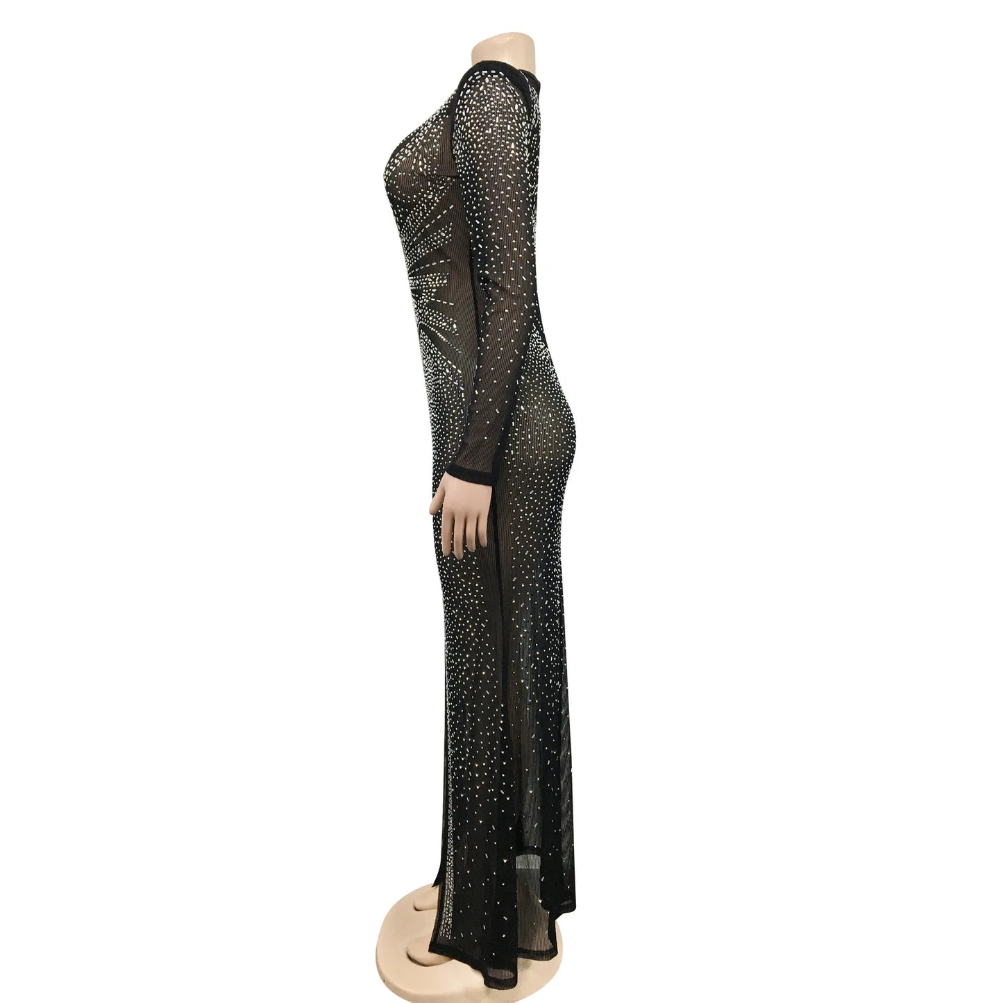 2025 New Arrivals Women Fashion Sexy Nightclub Evening Mesh Sheer Long Sleeve Slit Diamond Ladies Long Party Casual Dress
