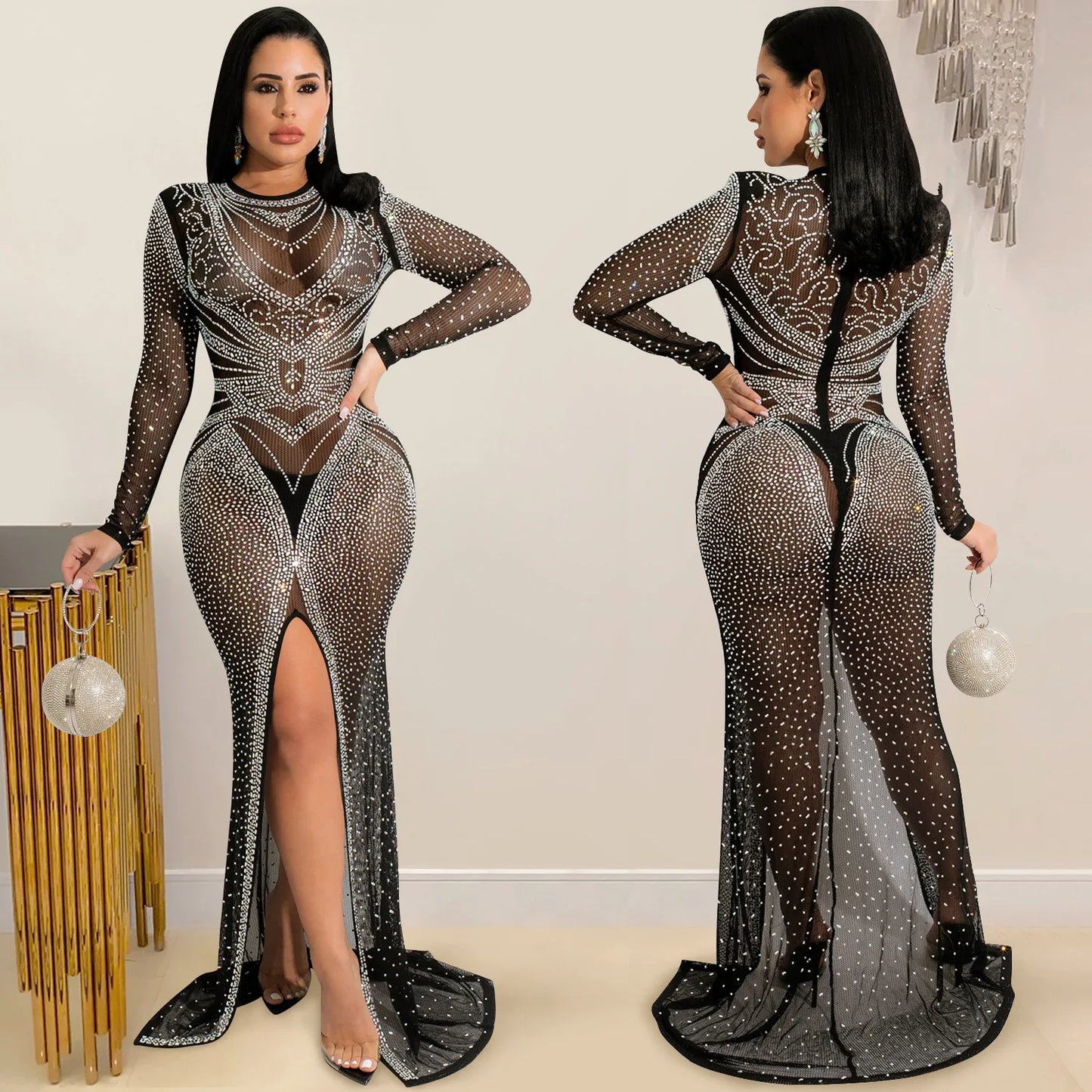 2025 New Arrivals Women Fashion Sexy Nightclub Evening Mesh Sheer Long Sleeve Slit Diamond Ladies Long Party Casual Dress