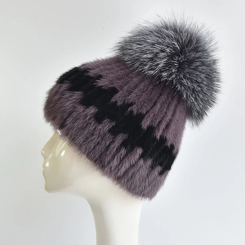 Wholesale Women Real Mink Fur Hats for Winter Knit Lined Hats With Silver Fox Fur Pom Poms Warm Knitted Beanies Cap Fur Ski Hat