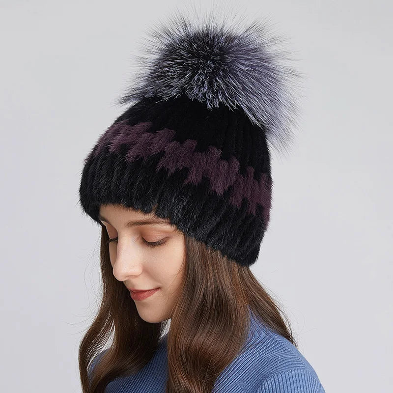 Wholesale Women Real Mink Fur Hats for Winter Knit Lined Hats With Silver Fox Fur Pom Poms Warm Knitted Beanies Cap Fur Ski Hat