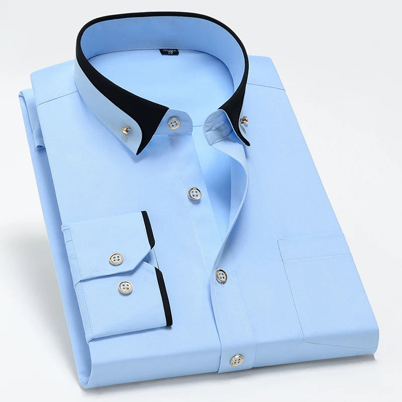 New Men's Business Shirt Long Sleeve Spring Autumn Contrast Collar Paired With Diamond Anti Wrinkle Buttoned Pink For Wedding