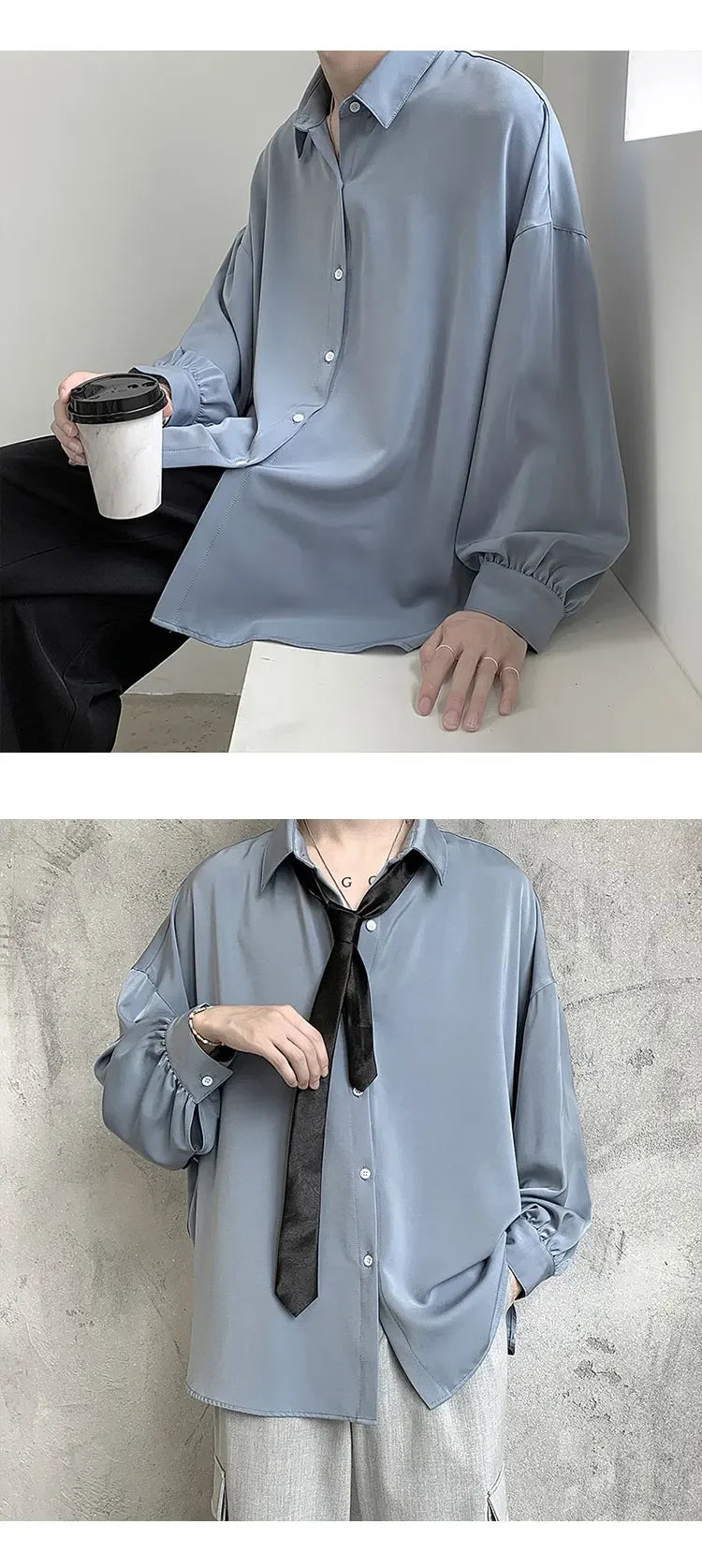Korean Style Men's Long-sleeved Shirts Black Tie Cozy Casual Solid Oversize Blouses Breathable Loose Shirt Harajuku Male Clothes