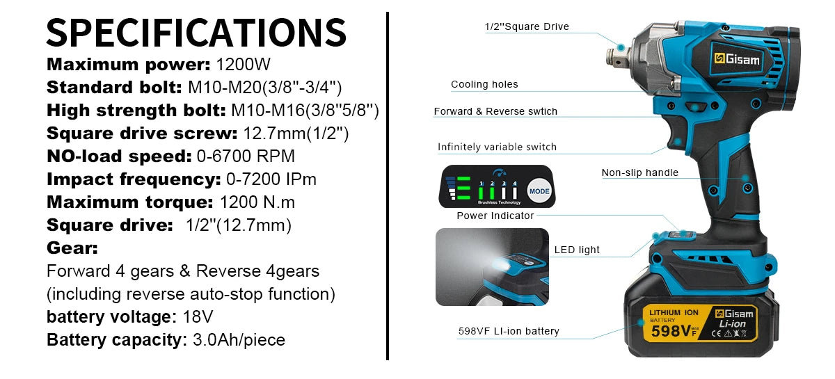 Gisam 1200NM Brushless Electric Impact Wrench Rechargeable Wrench 1/2" Car Tires Cordless Power Tools For Makita 18V Battery Pin