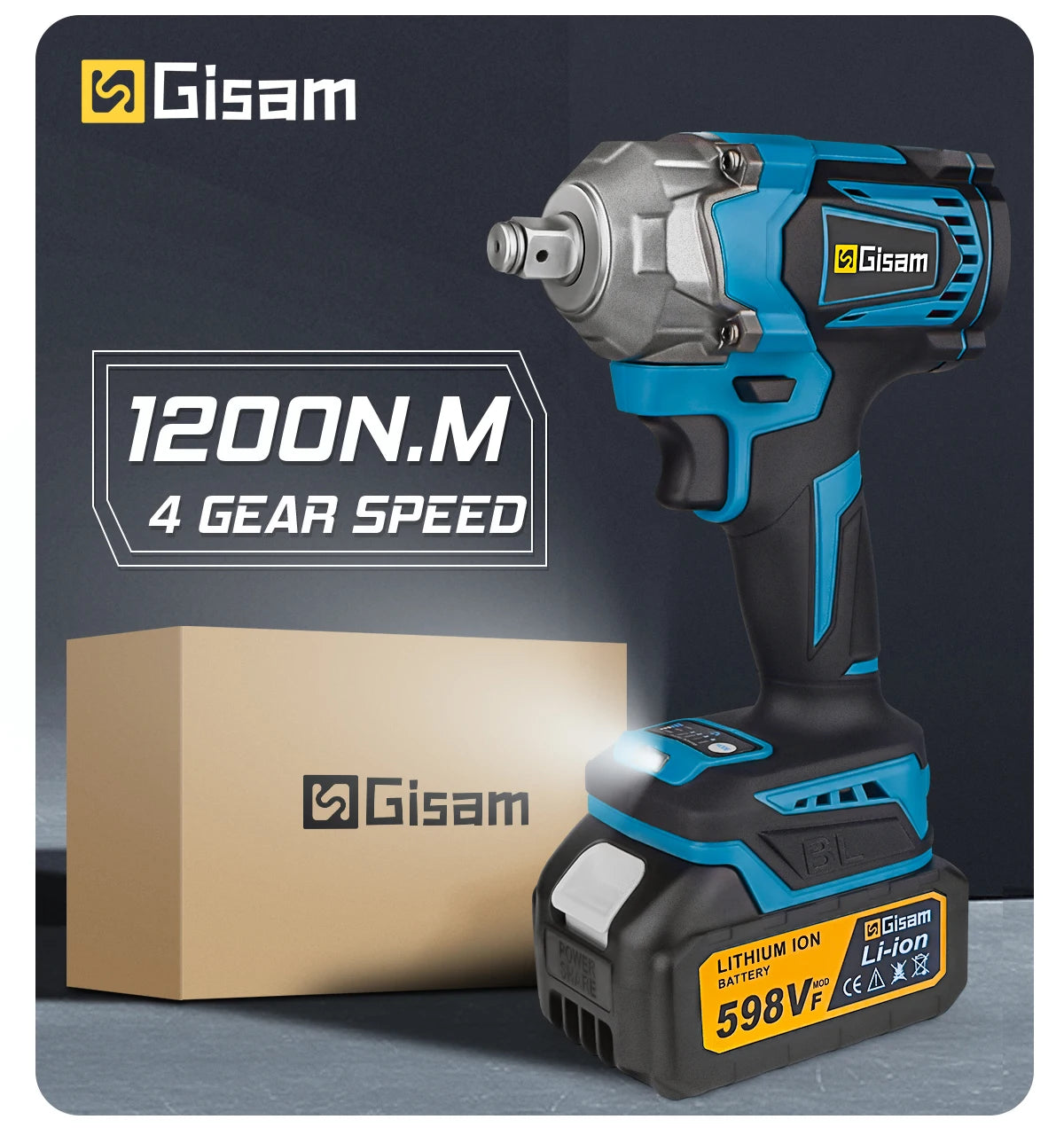 Gisam 1200NM Brushless Electric Impact Wrench Rechargeable Wrench 1/2" Car Tires Cordless Power Tools For Makita 18V Battery Pin