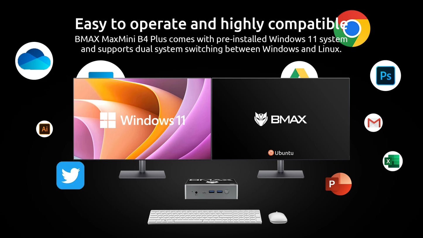Bmax B4 Plus Mini Pc Windows 11 Pc Intel N100 16Gb 512Gb Ssd 2*Hdmi 1*Type-C Supports 4K@60Hz 750Mhz Intel Uhd Graphics