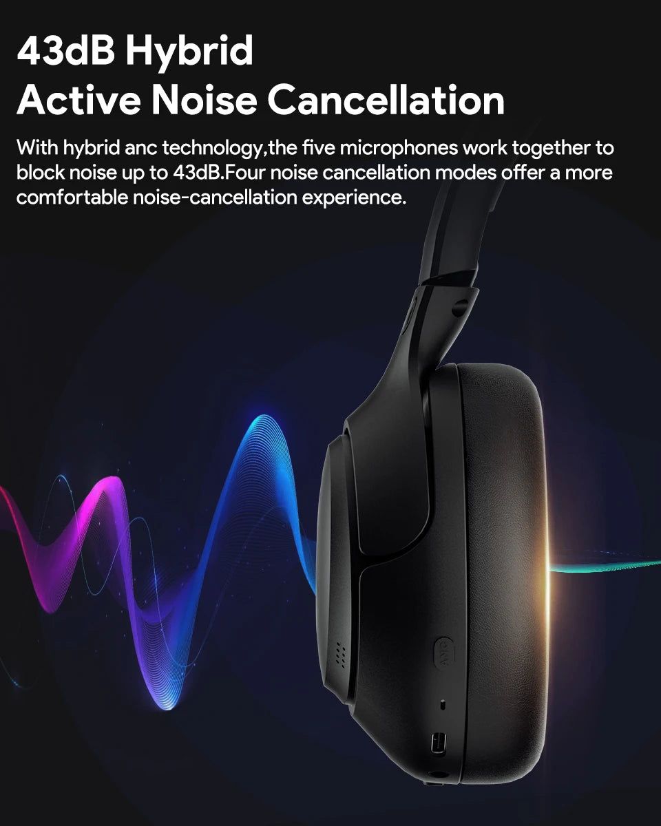 QCY H3 ANC Wireless Headphones Hi-Res Audio Over Ear Headset 43dB Hybrid Active Noise Cancellation Bluetooth 5.4 Gaming Earphone