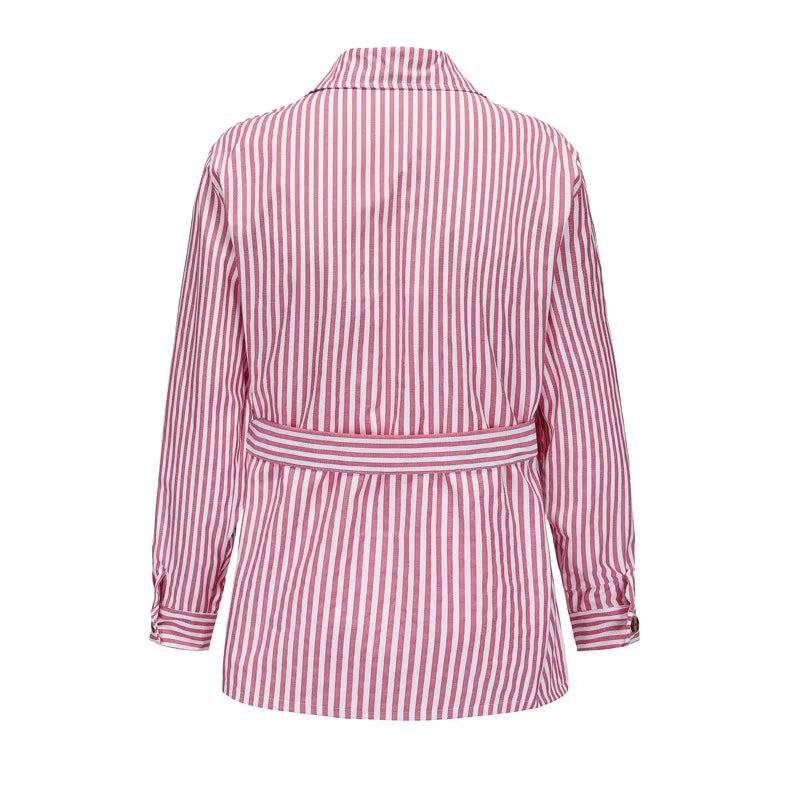 Spring Clothing Men's Light Luxury Long Sleeve Striped Pocket Shirt Casual Streetwear Button-down Shirt with Belt S-5XL 2025 New